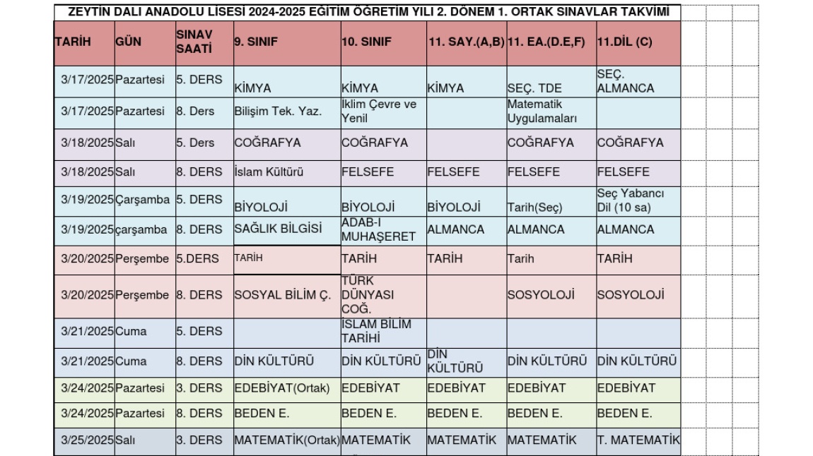 2024-2025 EĞİTİM ÖĞRETİM YILI 2. DÖNEM 1. ORTAK SINAVLAR TAKVİMİ